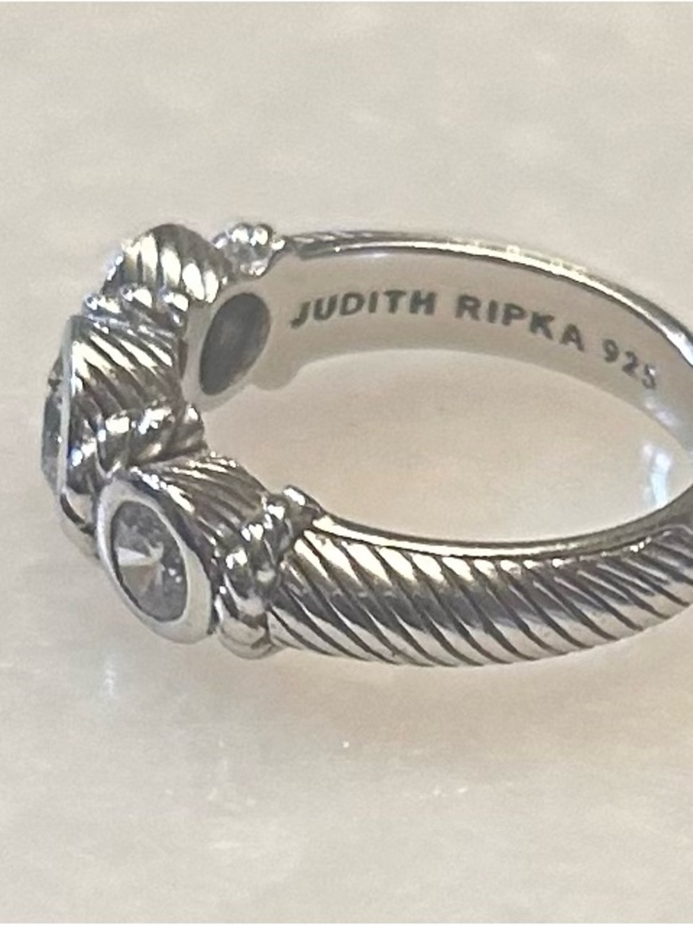 Judith Ripka Silver Three-Stone CZ Rope-Detail Ring - Picture 2 of 2
